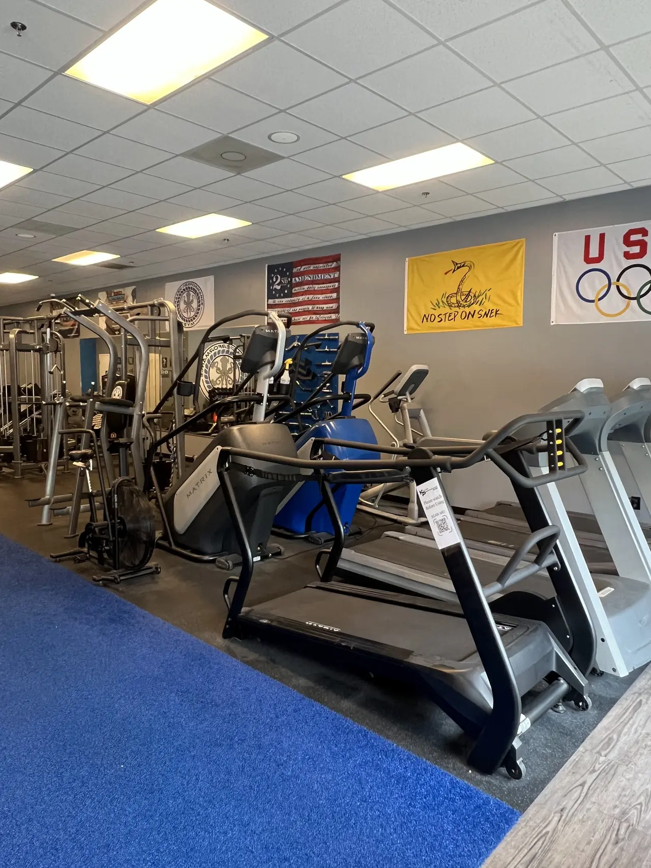 Cardio row along the flag wall: Matrix incline trainers and treadmills, a blue stair-climber, ellipticals and a fan bike.