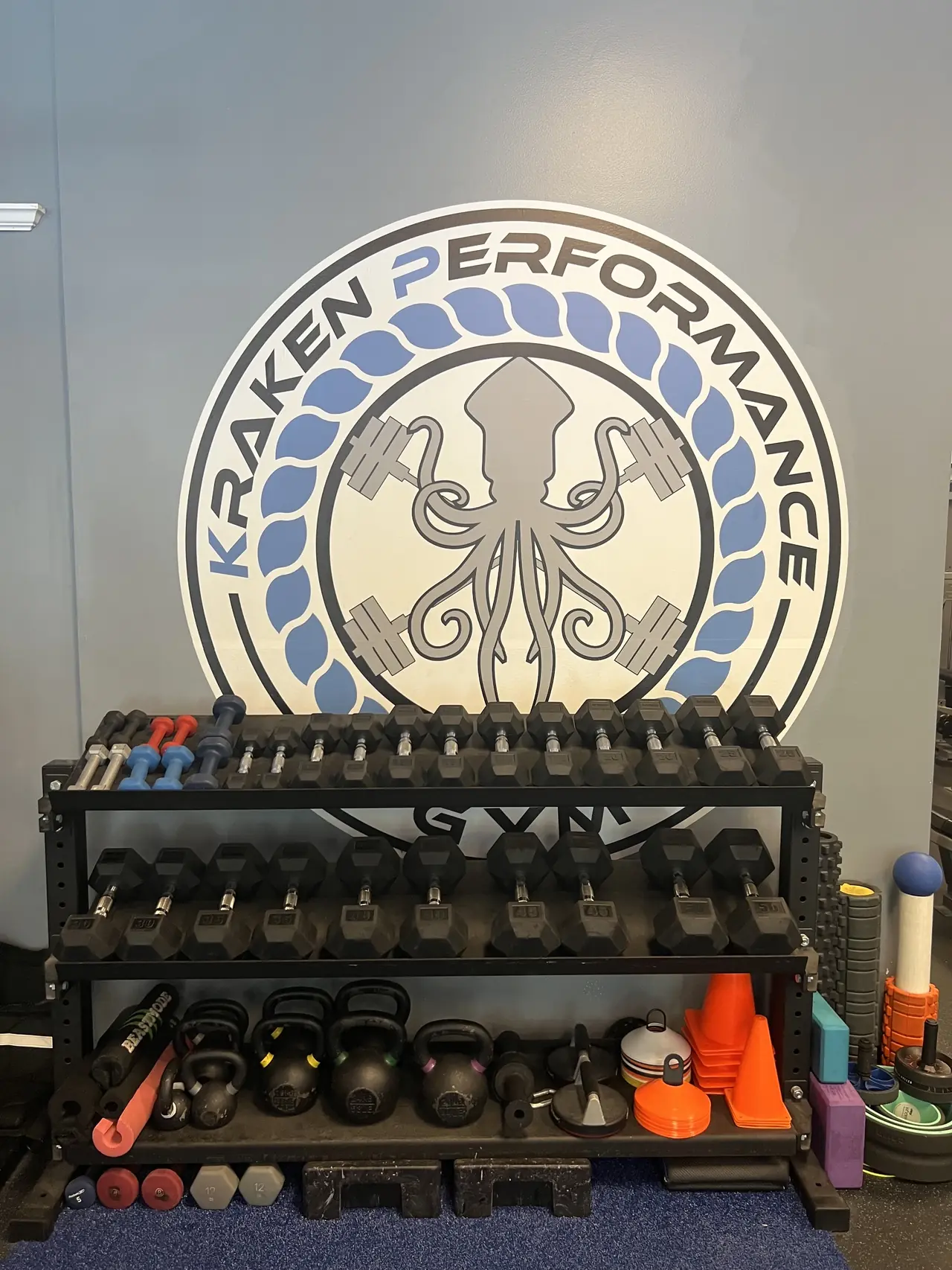 Dumbbell and kettlebell rack in front of the painted Kraken Performance Gym squid logo, with cones, foam rollers and yoga blocks below.