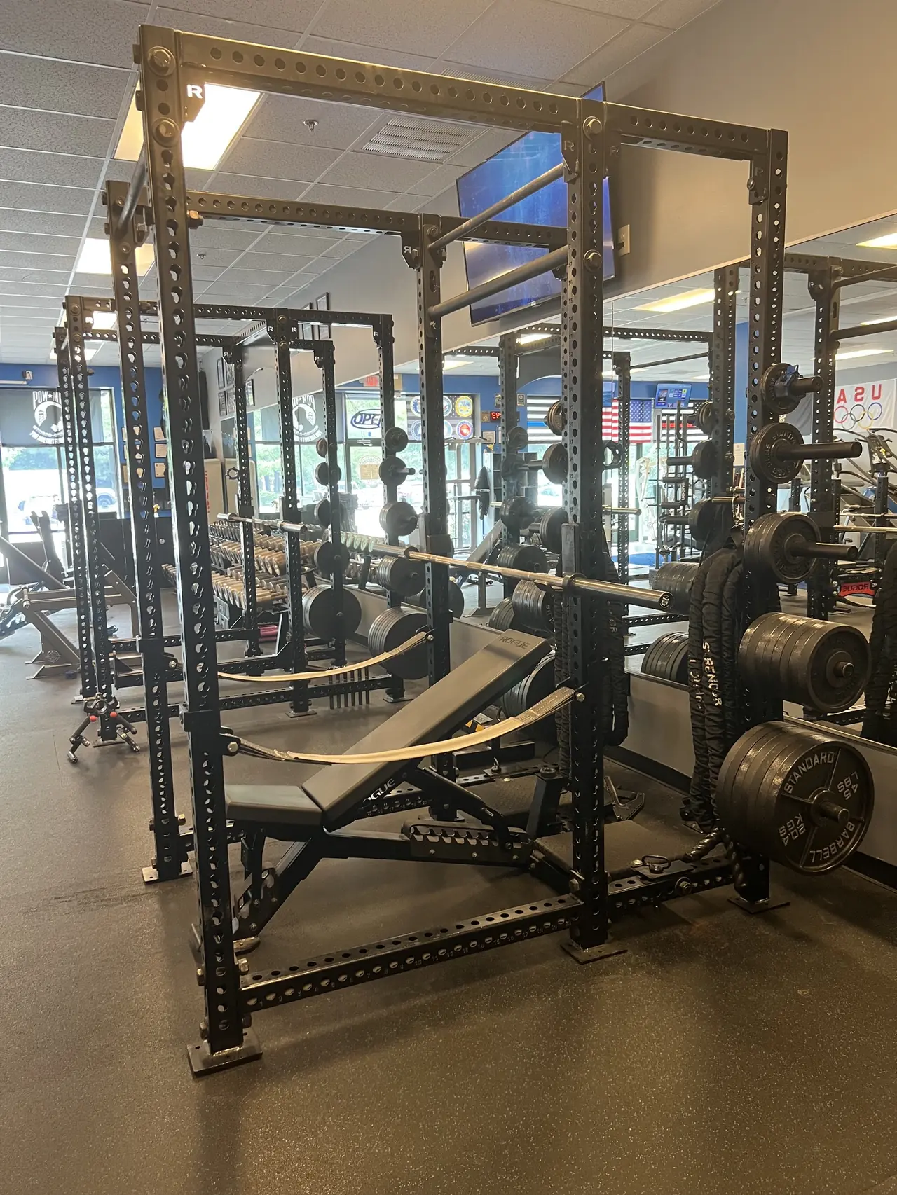Twin Rogue power racks with adjustable benches and barbells, plate trees loaded on either side.