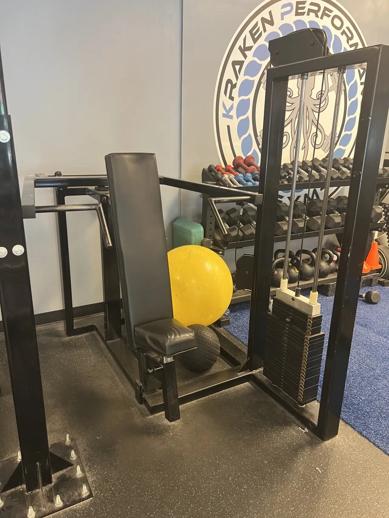 Selectorized shoulder press in front of the painted Kraken logo wall, with the dumbbell and kettlebell rack behind.